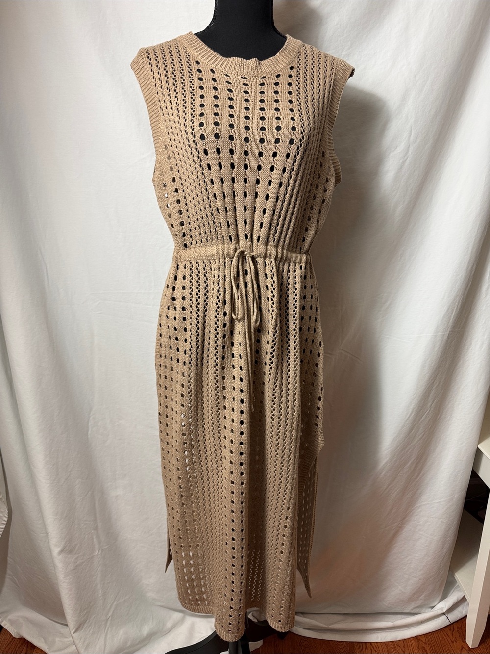 Blu Waves Crocheted Maxi Dress with Drawstring Waist - Beige